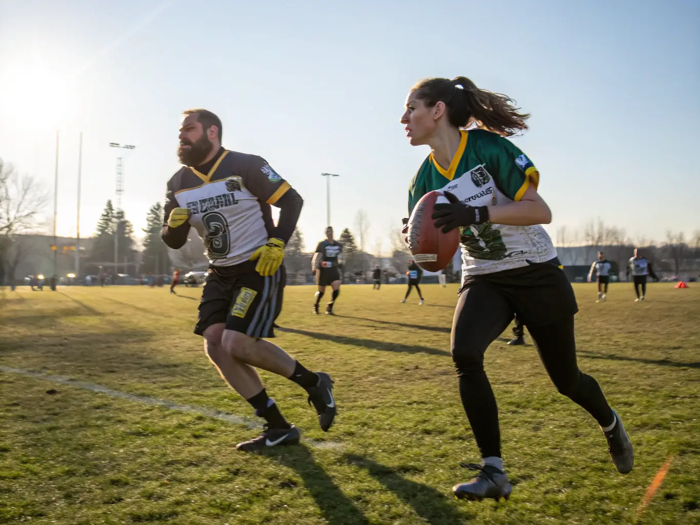 An image of adult players in a friendly match, demonstrating the camaraderie and competitive spirit of the adult league.
