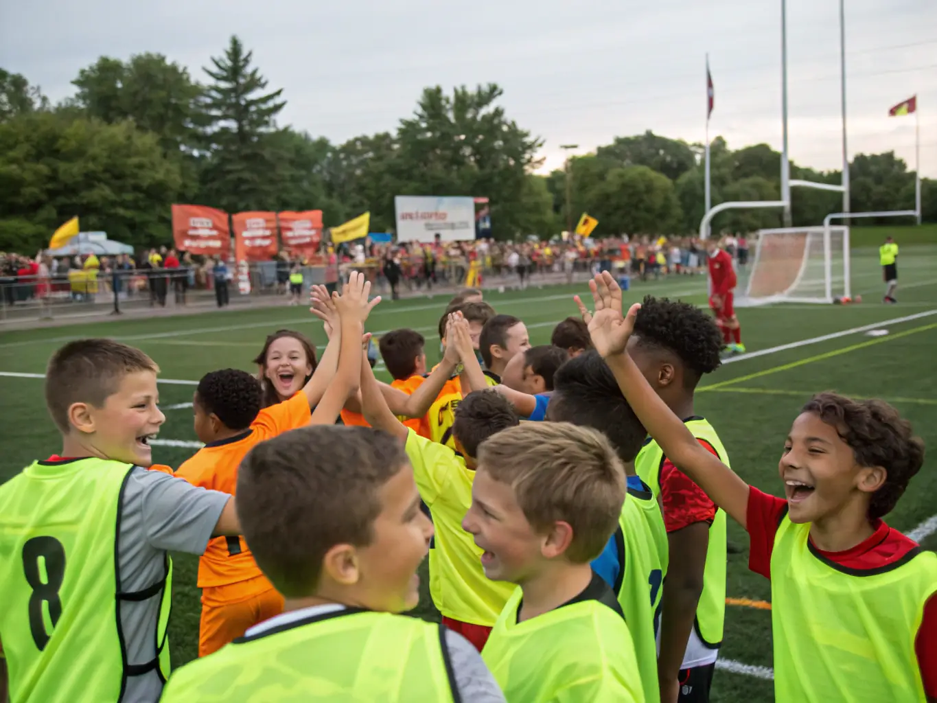 A group of young football players from FOOTBALL-CLUB DE NERONDES celebrating a goal during a match, showcasing their teamwork and camaraderie.