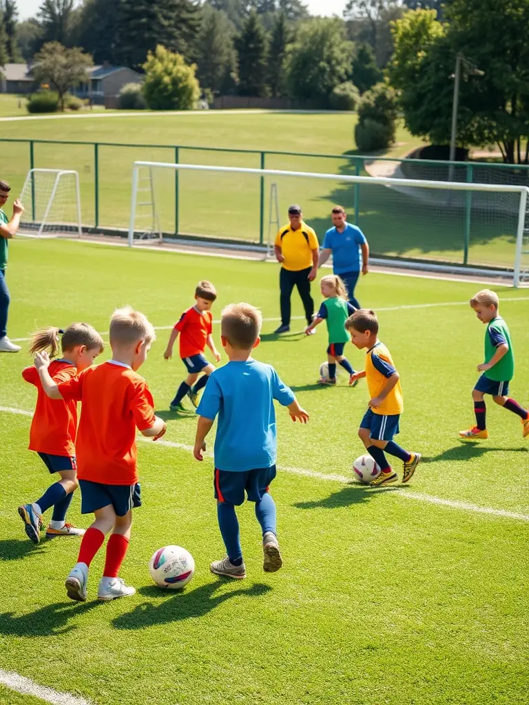 A vibrant image of young children participating in a football training session at FOOTBALL-CLUB DE NERONDES, showcasing their enthusiasm and engagement.
