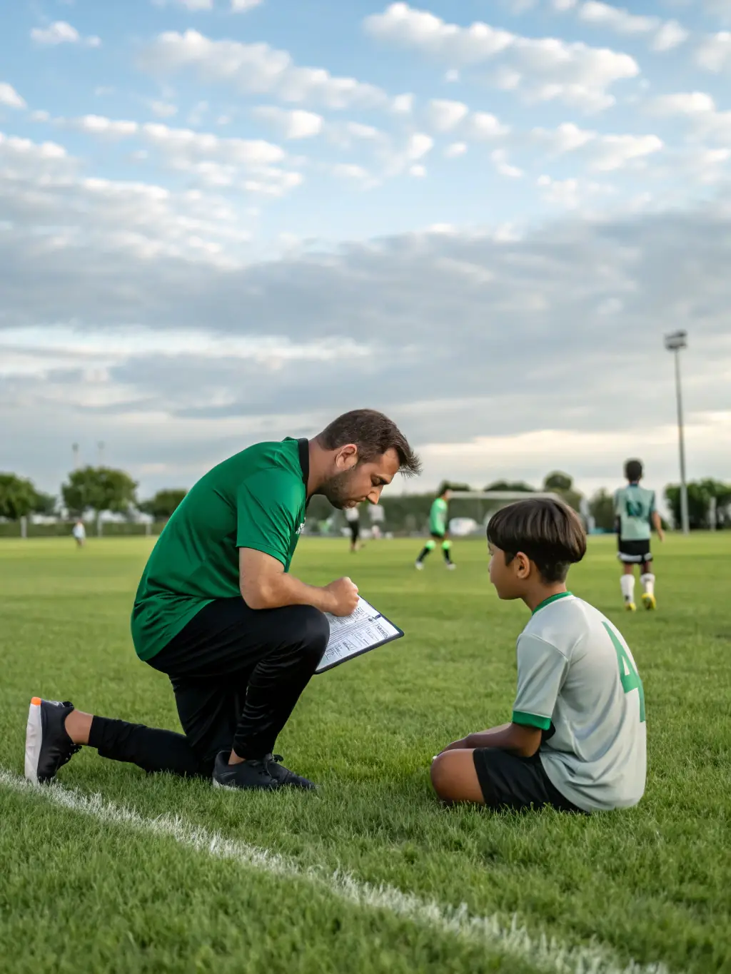 A picture of coaches providing personalized training to players, emphasizing the individualized attention and expert guidance offered at FOOTBALL-CLUB DE NERONDES.