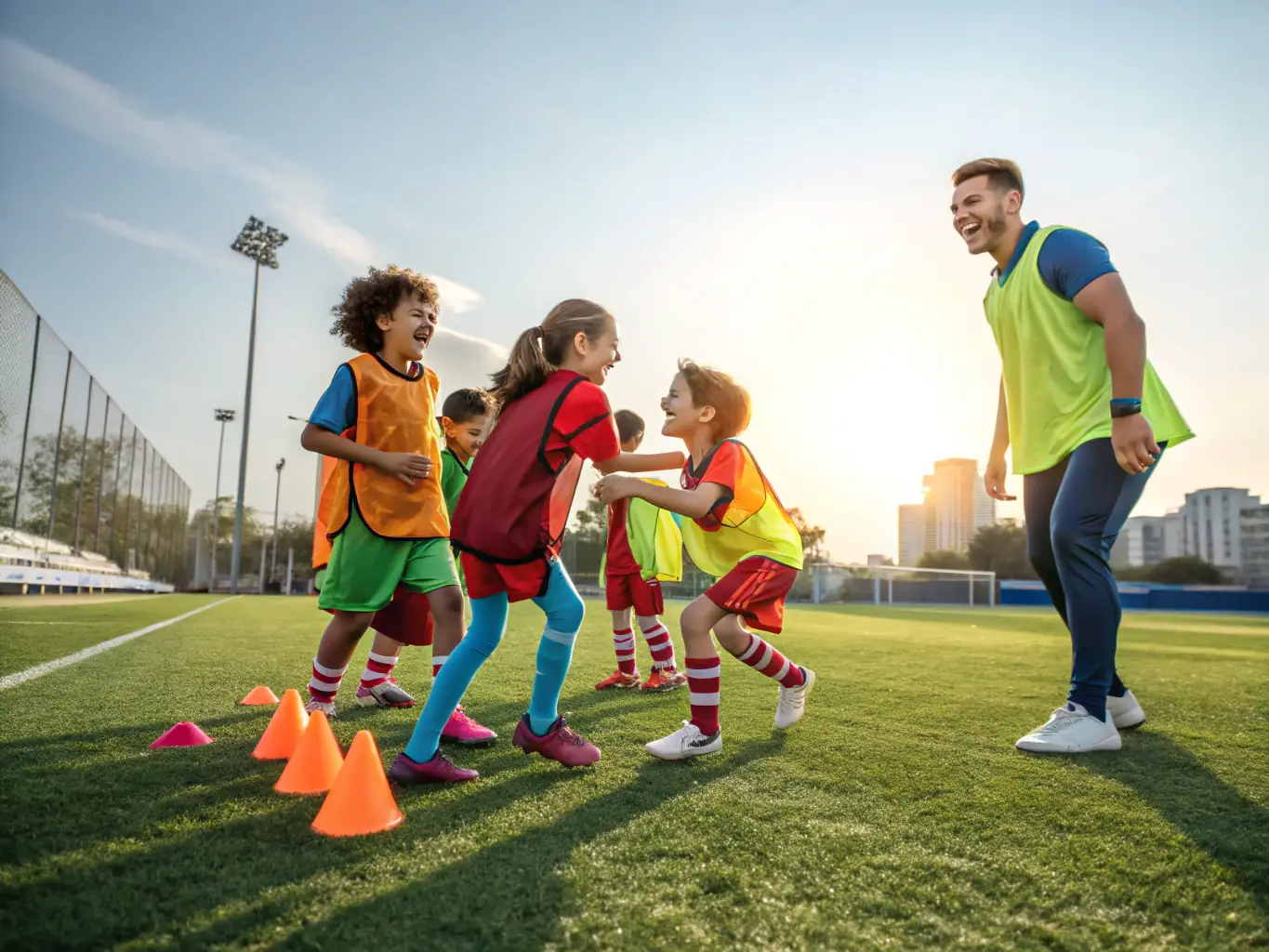 A dynamic shot of young football players participating in a training session, showcasing their energy and enthusiasm on the field.