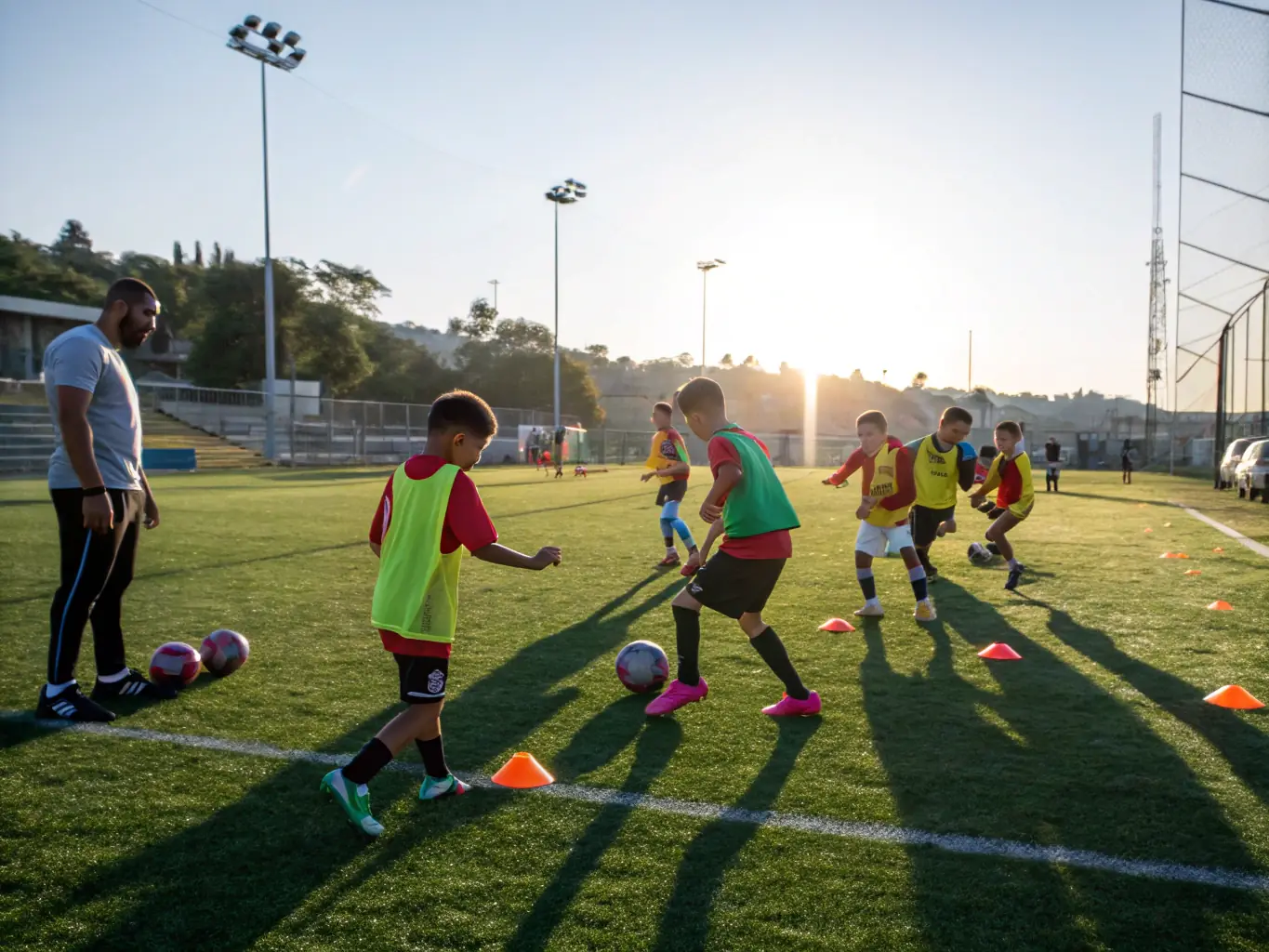 A vibrant image of young children participating in a football training session, showcasing teamwork and sportsmanship, set against the backdrop of the FOOTBALL-CLUB DE NERONDES's training grounds.